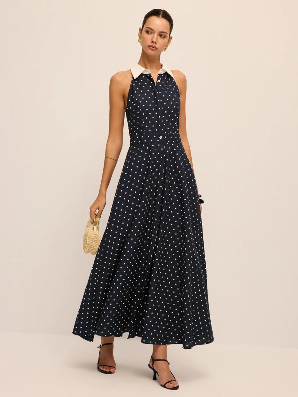 Commense  Polka Dot Contrast Collar Cotton Linen Dress